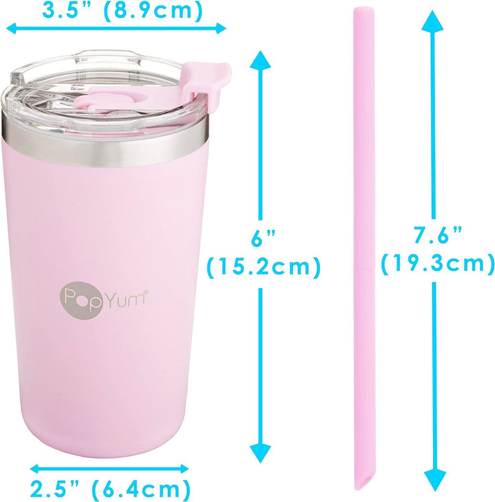 PopYum 13oz Insulated Stainless Steel Kids’ Cups with Lid and Straw, 2-Pack, Green, Pink, stackable, sippy, baby, child, toddler, tumbler, double wall, vacuum, leak proof - Zrafh.com - Your Destination for Baby & Mother Needs in Saudi Arabia