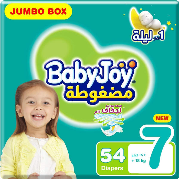 BabyJoy Compressed Diamond Pad Diaper, Size 7, Junior 3XL, 18+ Kg, Jumbo Box, 54 Diapers - Zrafh.com - Your Destination for Baby & Mother Needs in Saudi Arabia