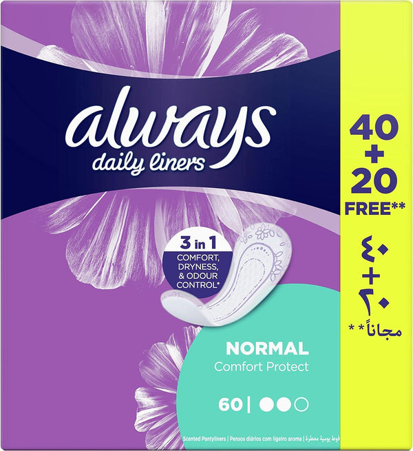 Always Daily Liners Comfort Protect, Normal, 60 Count - Zrafh.com - Your Destination for Baby & Mother Needs in Saudi Arabia