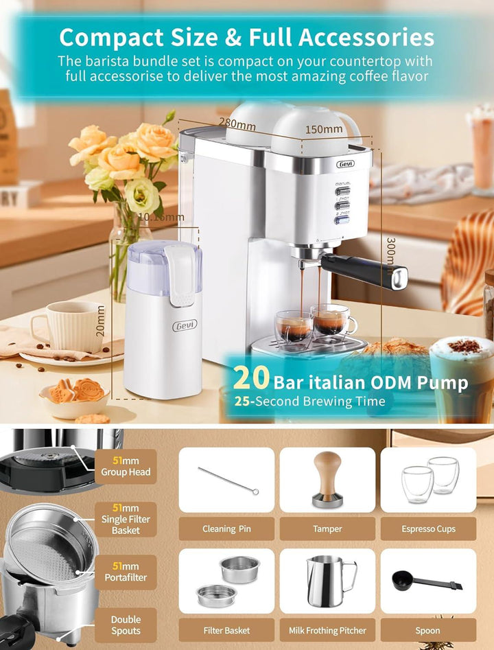 Gevi 20 Bar Commercial High Pressure Espresso Machine, 1.2L Water Tank, 1350W Paired with One Button Electric Coffee Grinder, Silent Operation - Zrafh.com - Your Destination for Baby & Mother Needs in Saudi Arabia