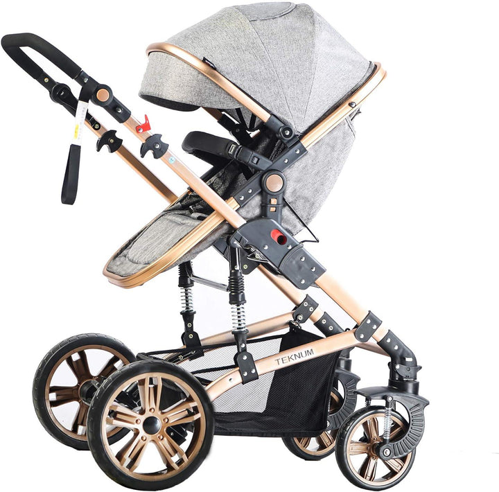 Teknum 3In1 Pram Stroller|Sleeping Bassinet|Extra Wide Seat|Wide Canopy|360° Rotating Wheels|Fully Recylible||Coffee Holder|Spill Proof Mat|Newborn Baby -0-3 Years-Grey - Zrafh.com - Your Destination for Baby & Mother Needs in Saudi Arabia