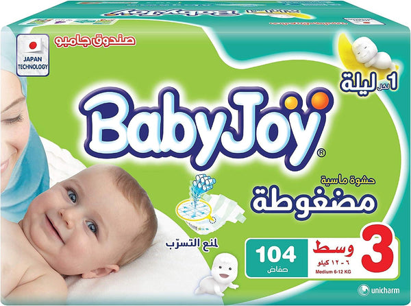 BabyJoy Compressed Diamond Pad Diaper, Size 3, Medium, 6-12 Kg, Jumbo Box, 104 Diapers - Zrafh.com - Your Destination for Baby & Mother Needs in Saudi Arabia
