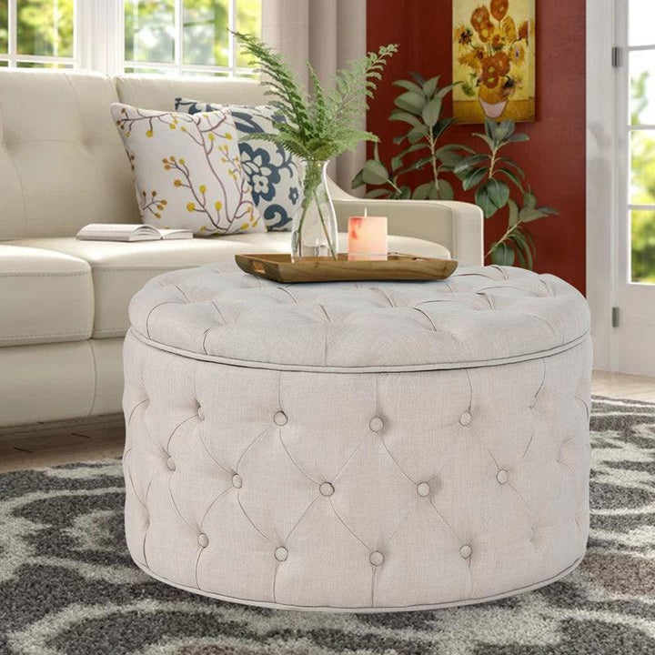 Alhome Linen Beige Pouf Malaysian Wood, Linen Fabric, Beige Color (70x70x40) - Zrafh.com - Your Destination for Baby & Mother Needs in Saudi Arabia