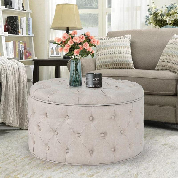 Alhome Linen Beige Pouf Malaysian Wood, Linen Fabric, Beige Color (70x70x40) - Zrafh.com - Your Destination for Baby & Mother Needs in Saudi Arabia