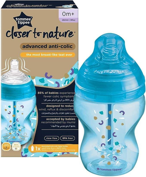 Tommee Tippee Advanced Anti-Colic Feeding Bottle, 260ml x1 - Boy - Zrafh.com - Your Destination for Baby & Mother Needs in Saudi Arabia