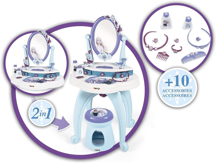 Disney - Frozen 2 in 1 Hairdressing Table - This dressing table comprises more than 10 accessories: 1 stool, 2 flasks, 1 necklace, 1 plastic headband, 3 rings, 1 bracelet, 1 hair clip, 1 comb - Zrafh.com - Your Destination for Baby & Mother Needs in Saudi Arabia