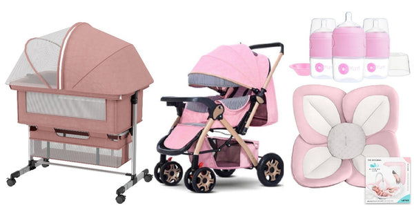 Newborn Baby Gift Set Collection #1 - Dreeba Beside Baby Crib With Mosquito Net, Dreeba Portable Foldable Luxury Stroller, Blooming Bath Baby Bath Seat & PopYum 150 ml Pink Anti-Colic Formula Making/Mixing/Dispenser Baby Bottles, 3-Pack