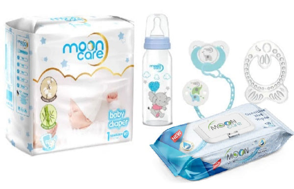 Mooncare Newborn Baby Care Set Blue 0-6 months (5 pcs) - Mooncare Newborn Baby Diaper Size #1, Sensitive Baby Wet Wipes 120's, Pacifier with Chain, Teething Ring Fish & Feeding Bottle 250ml