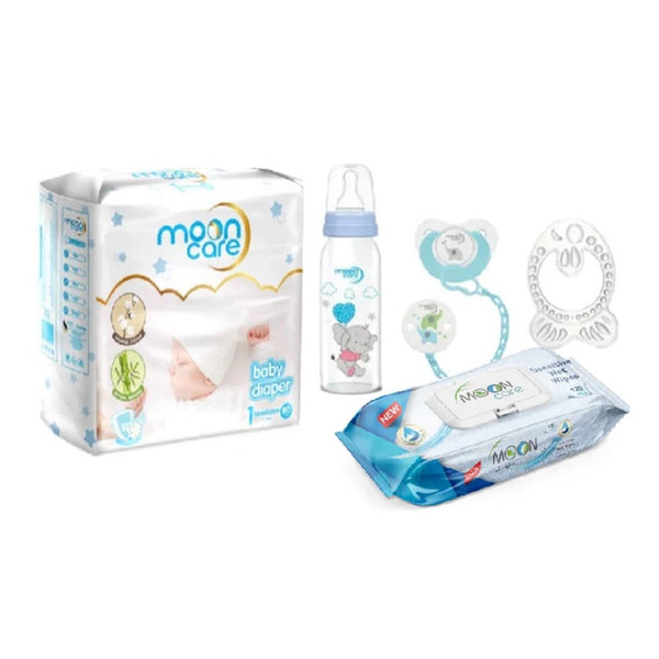 Mooncare Newborn Baby Care Set Blue 0-6 months (5 pcs) - Mooncare Newborn Baby Diaper Size #1, Sensitive Baby Wet Wipes 120's, Pacifier with Chain, Teething Ring Fish & Feeding Bottle 250ml