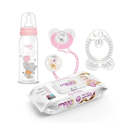 Mooncare Newborn Baby Care Set Pink , 0-6 months (4 pcs) - Mooncare Sensitive Wet Wipes 120's, Pacifier with Chain, Teething Ring & Feeding Bottle 250ml Pink