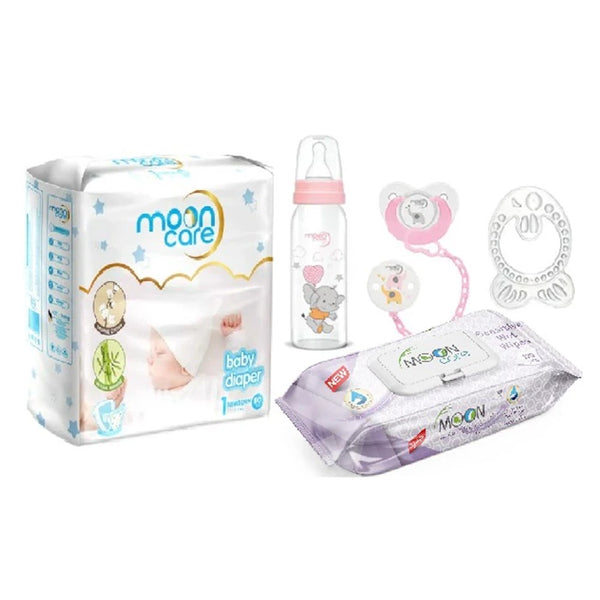 Mooncare Newborn Baby Care Set Pink, 0-6 months (5 pcs) -Mooncare Newborn Diaper Size #1, Sensitive Wet Wipes 120's, Pacifier with Chain, Teething Ring Fish & Feeding Bottle 250ml