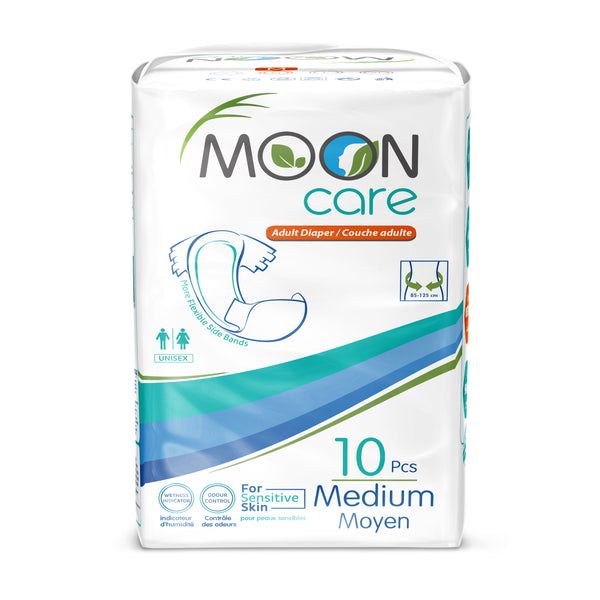 Mooncare Adult Diapers Medium Size with Flexible and Soft Side Elastic Design, Non-Allergic and Non-Inflammatory, with Special Wetness Indicator and Anti-Allergy Design, Unisex, 85-125 cm, 10 Pieces