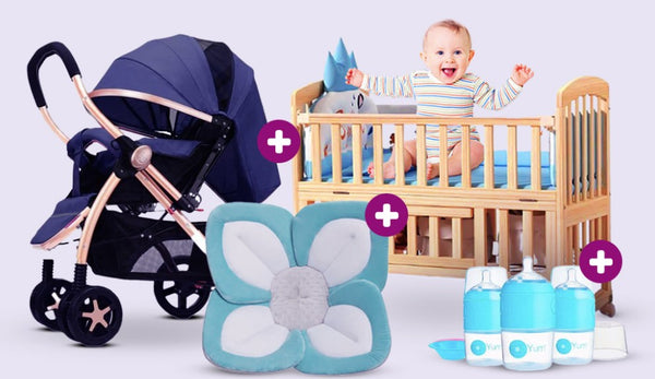 Newborn Baby Gift Set Collection #4 - Dreeba Baby Cot Wood WBBZ29, Dreeba One Way Folding Stroller, Blooming Bath Lotus Baby Bath Seat - 0 - 6 Months+ & PopYum 150 ml Blue Anti-Colic  Baby Bottles, 3-Pack