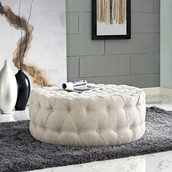 Alhome Linen Beige Pouf Malaysian Wood, Linen Fabric, Beige Color (70x45) - Zrafh.com - Your Destination for Baby & Mother Needs in Saudi Arabia