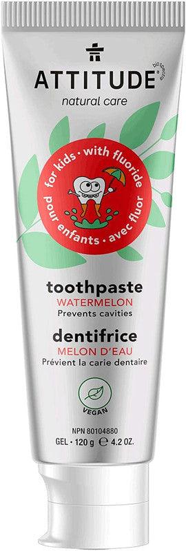 ATTITUDE Kids Natural Toothpaste with Fluoride, Prevents Tooth Decay and Cavities, Vegan and Sugar-Free, Watermelon, 120 grams - Zrafh.com - Your Destination for Baby & Mother Needs in Saudi Arabia