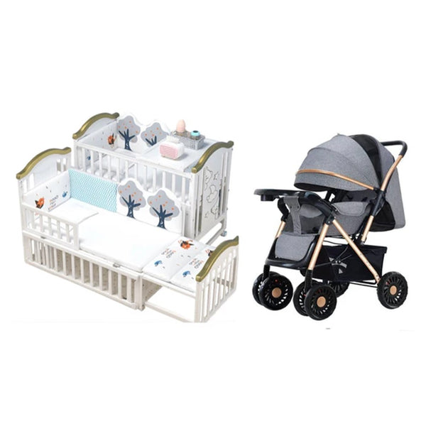 Dreeba Baby Bundle Set - Multifunctional Baby Cot With Mosquito Net From 100% New Zealand Pine Wood - White And Gold - WBB598G with Dreeba Two Way Foldable Push Baby Stroller A6 with Storage Basket Travel Stroller, Rear Breaks, Compact Foldable Design