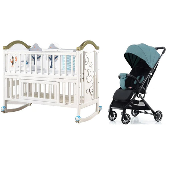 Dreeba Baby Bundle Set- Dreeba Multifunctional Baby Cot With Mosquito Net From 100% New Zealand Pine Wood White And Gold  WBB598G with Dreeba One Way Foldable Push Baby Stroller with Storage Basket, Travel Stroller, Rear Breaks, Compact Foldable Design