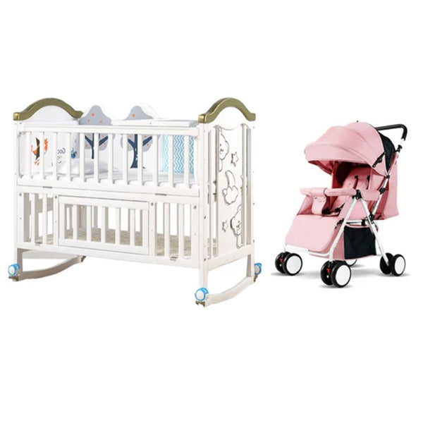 Dreeba Baby Bundle Set - Multifunctional Baby Cot With Mosquito Net From 100% New Zealand Pine Wood - White And Gold - WBB598G with One Way Folding Baby Stroller with Storage Basket , Travel Stroller with Rear Dividers and Compact Foldable Design 803-2