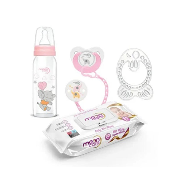 Mooncare Newborn Baby Care Set Pink , 0-6 months (4 pcs) - Mooncare Sensitive Wet Wipes 120's, Pacifier with Chain, Teething Ring & Feeding Bottle 250ml Pink