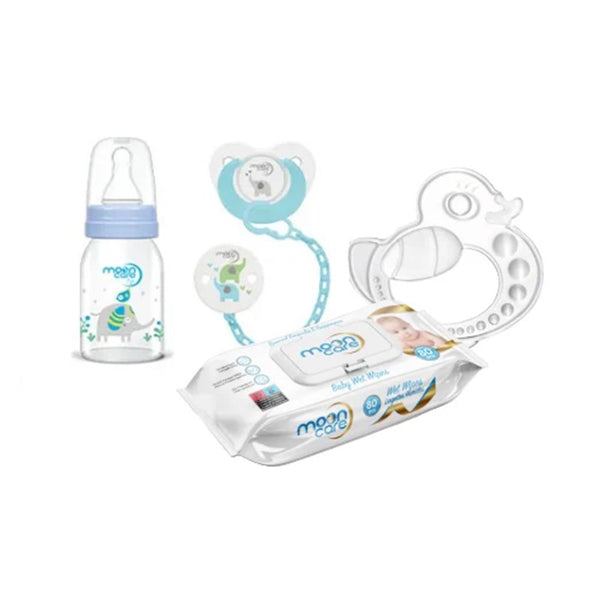 Mooncare Newborn Baby Care Set Blue , 0-6 months (4 pcs) - Mooncare Sensitive Baby Wipes 80's, Feeding Bottle 125ml,  Pacifier with Chain & Teething Ring