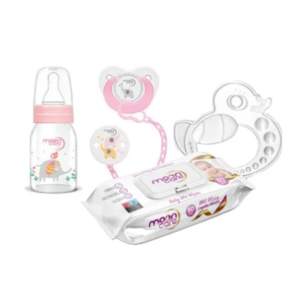 Mooncare Newborn Baby Care Set Pink , 0-6 months (4 pcs) - Mooncare Sensitive Baby Wipes 80's, Feeding Bottle 125ml,  Pacifier with Chain & Teething Ring