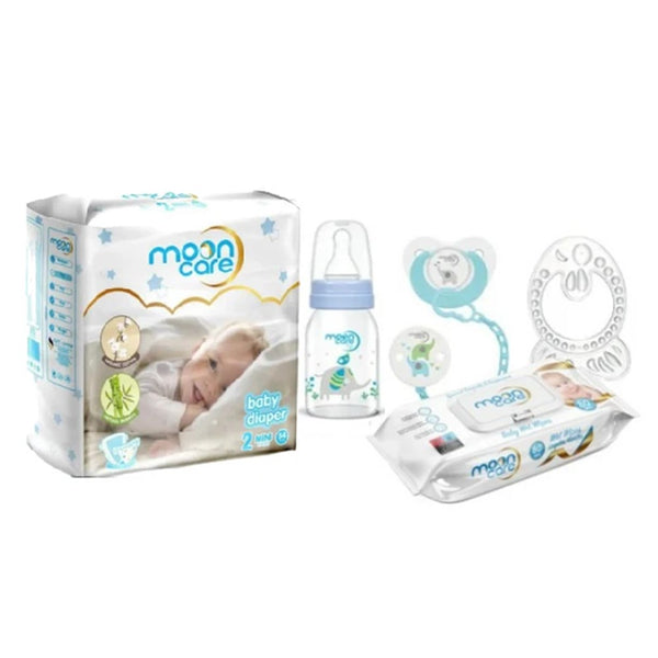 Mooncare Newborn Baby Care Set Blue 0-6 months (5 pcs) - Mooncare Newborn Diaper Size #2, Sensitive Baby Wet Wipes 80's, Pacifier with Chain, Teething Ring Fish & Feeding Bottle 125ml