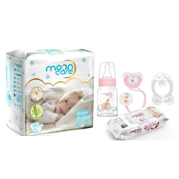 Mooncare Newborn Baby Care Set Pink , 0-6 months (5 pcs) - Mooncare Newborn Diaper Size #2, Sensitive Baby Wet Wipes 80's, Pacifier with Chain, Teething Ring & Feeding Bottle 125ml