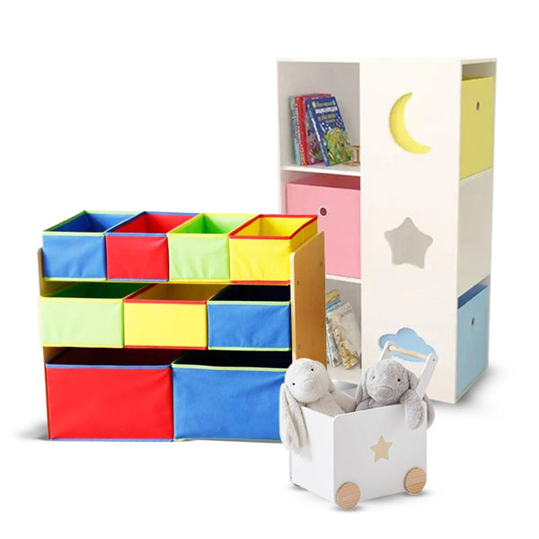 Dreeba Toys 3-in1 Bundles Multicolor -Dreeba Kids Toy, Books Organize with 9 Storage Fabric Bin Multicolor, Dreeba Wooden Playroom Furniture Toy Organizer with Book Storage Cabinet & Dreeba Children's Storage Box With Castors ( Toys not included)