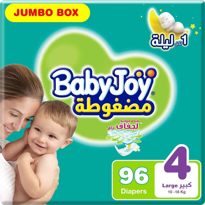 Babyjoy Compressed Diamond Pad, Size 4, Large, 10-18 Kg, Jumbo Box, 96 Diapers - ZRAFH