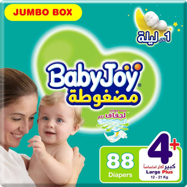 Babyjoy Compressed Diamond Pad, Size 4+, Large+, 12-21 Kg, Jumbo Box, 88 Diapers - ZRAFH
