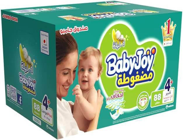 Babyjoy Compressed Diamond Pad, Size 4+, Large+, 12-21 Kg, Jumbo Box, 88 Diapers - ZRAFH