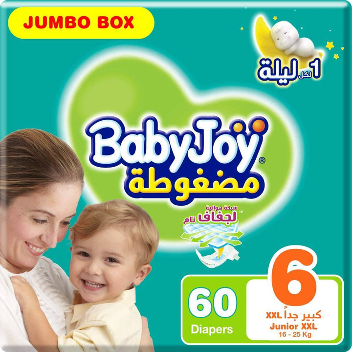 Babyjoy Compressed Diamond Pad, Size 6, Junior Xxl, 16+ Kg, Jumbo Box, 60 Diapers - ZRAFH