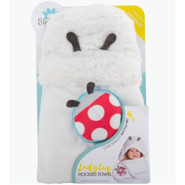 Blooming Bath Hooded Baby Towel with Attached Rattle - Plush, Washer & Dryer Safe Swaddle Towel - Unisex - Ladybug - ZRAFH