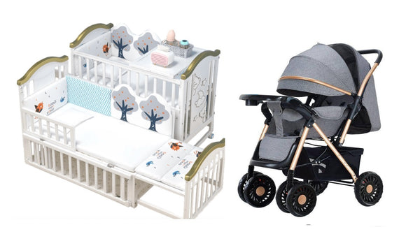 مجموعة Dreeba Baby Bundle Set - سرير أطفال متعدد الوظائف مع ناموسية من خشب الصنوبر النيوزيلندي بنسبة 100% - أبيض وذهبي - WBB598G مع عربة أطفال Dreeba A6 قابلة للطي باتجاهين مع سلة تخزين وعربة سفر، ومكابح خلفية، وتصميم مدمج قابل للطي