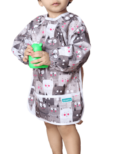 Dreeba Long Sleeves Bib Waterproof With Teddy Bears Design - Grey - ZRAFH