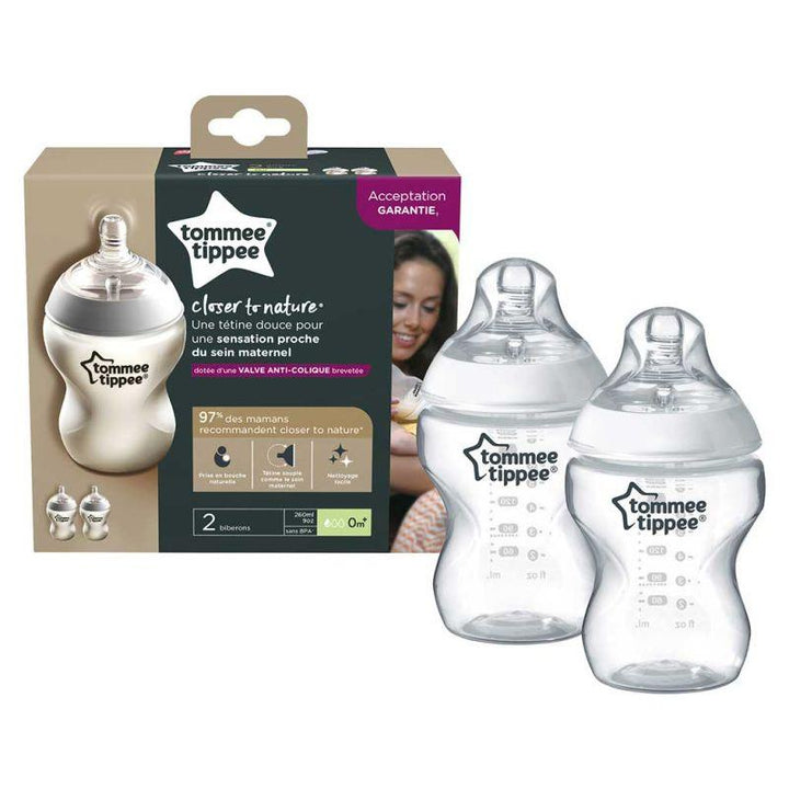 Tommee Tippee Closer to Nature Slow-Flow Baby Bottles with Anti-Colic Valve - 2 Pieces - 260 ml-Transparent - Zrafh.com - Your Destination for Baby & Mother Needs in Saudi Arabia