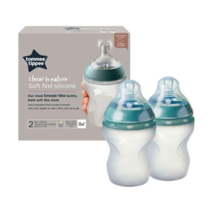 Tommee Tippee Closer to Nature Soft Feel Silicone Slow Flow Baby Bottles with Anti-Colic Valve - 2 Pieces-260ML - Zrafh.com - Your Destination for Baby & Mother Needs in Saudi Arabia
