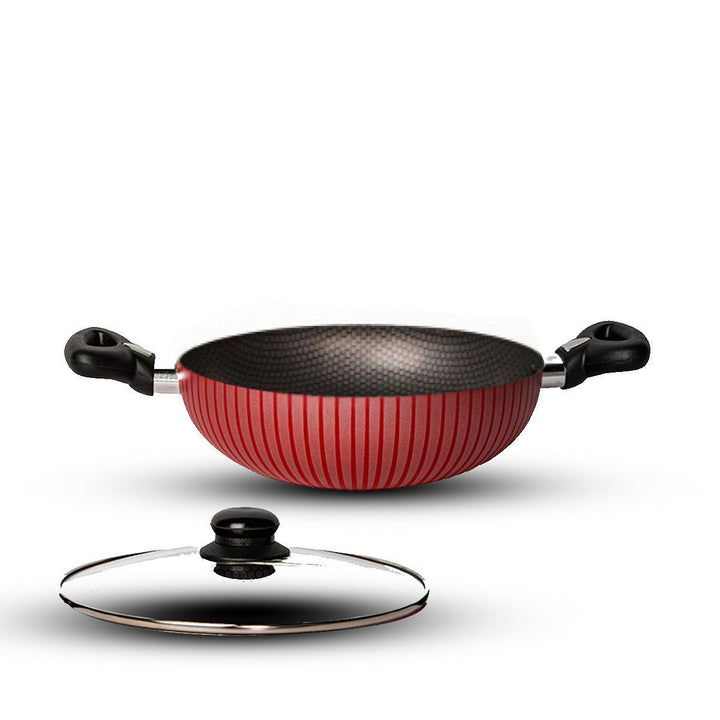 Family Ship Non-stick frying pan with glass lid, 32 cm -Red / black - Zrafh.com - Your Destination for Baby & Mother Needs in Saudi Arabia