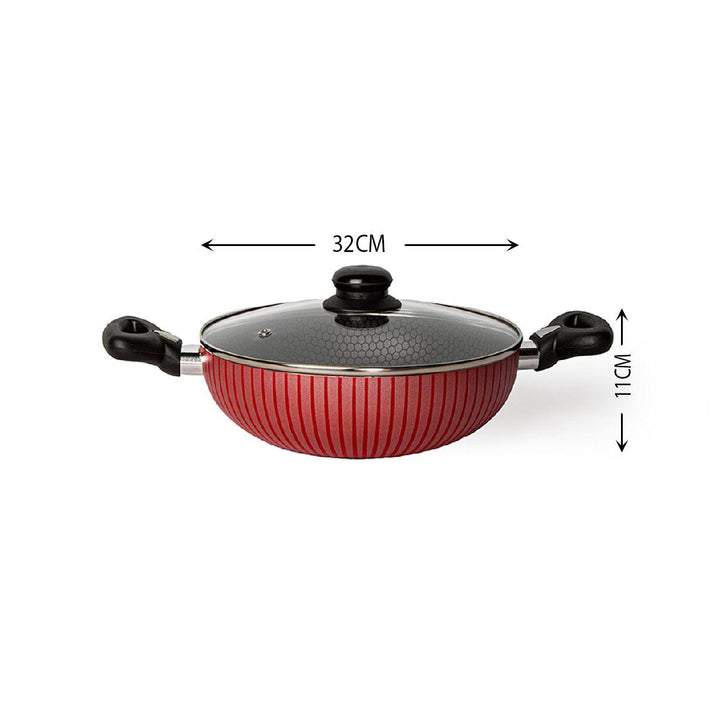 Family Ship Non-stick frying pan with glass lid, 32 cm -Red / black - Zrafh.com - Your Destination for Baby & Mother Needs in Saudi Arabia