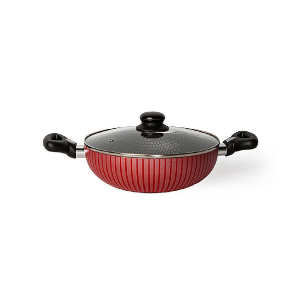 Family Ship Non-stick frying pan with glass lid, 32 cm -Red / black - Zrafh.com - Your Destination for Baby & Mother Needs in Saudi Arabia