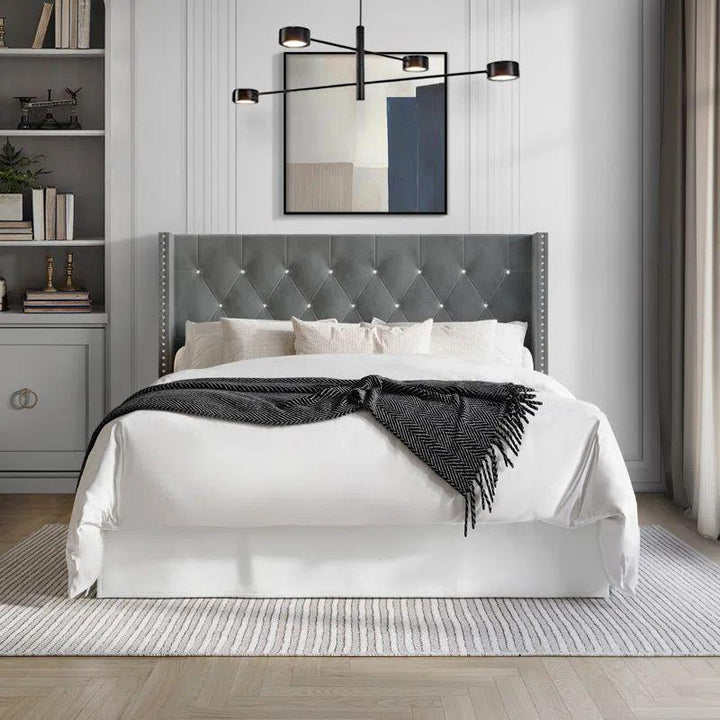 Super King Bed in Gray-White Velvet with Swedish Wood Frame By Alhome - Zrafh.com - Your Destination for Baby & Mother Needs in Saudi Arabia