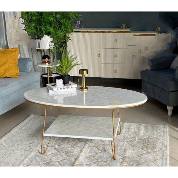 Iron and Marble Wood Coffee Table White - 120x65x50 cm By Alhome - Zrafh.com - Your Destination for Baby & Mother Needs in Saudi Arabia