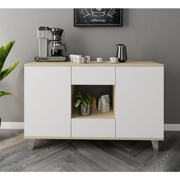 White and Beige Coffee Corner with Two Doors and Two Sliding Drawers By Alhome - Zrafh.com - Your Destination for Baby & Mother Needs in Saudi Arabia