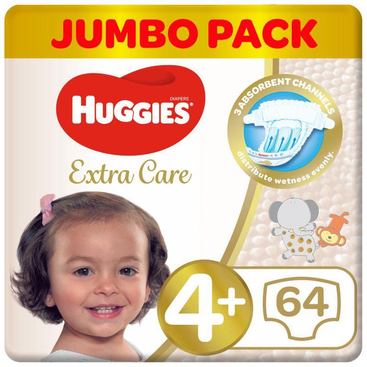 Huggies Extra Care Baby Diapers - Size 4 - From 10 To 16 Kg - Jumbo Pack Of 64 Diapers - Zrafh.com - Your Destination for Baby & Mother Needs in Saudi Arabia