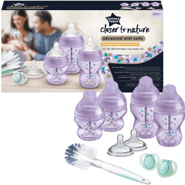 Tommee Tippee Closer to Nature Newborn Baby Bottle Starter Kit Breast-Like Teats with Advanced Anti-Colic Valve - Mixed Sizes - Purple - Zrafh.com - Your Destination for Baby & Mother Needs in Saudi Arabia