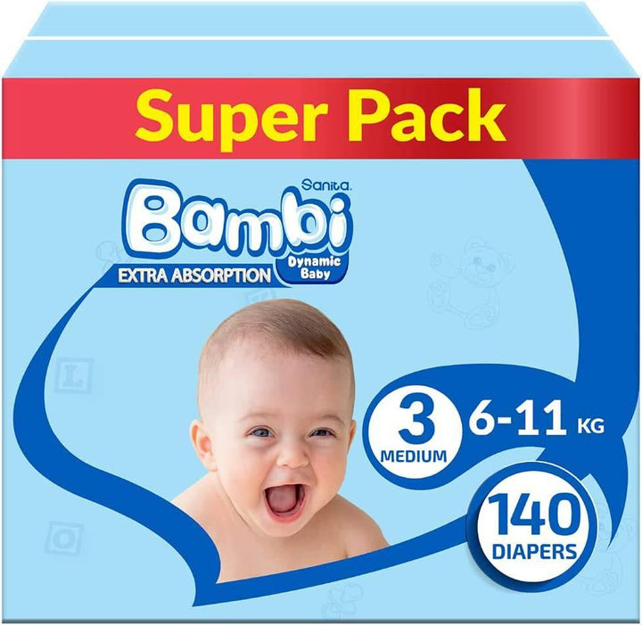 Sanita Bambi Baby Diaper Super Pack #3 Size Medium, 6-11 KG, 140 Diapers - ZRAFH