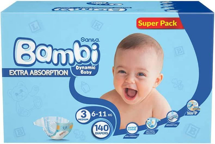 Sanita Bambi Baby Diaper Super Pack #3 Size Medium, 6-11 KG, 140 Diapers - ZRAFH