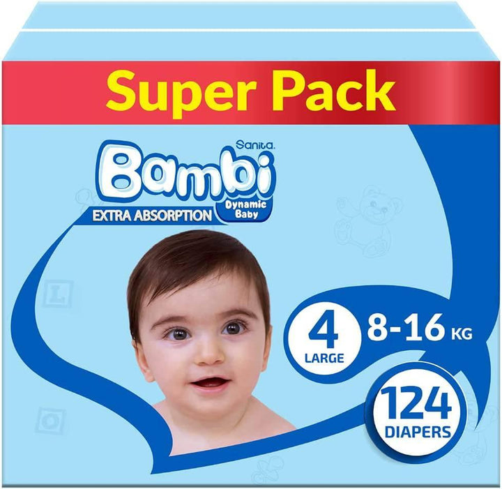 Sanita Bambi Baby Diaper Super Pack #4 Size Large, 8-16 KG, 124 Diapers - ZRAFH