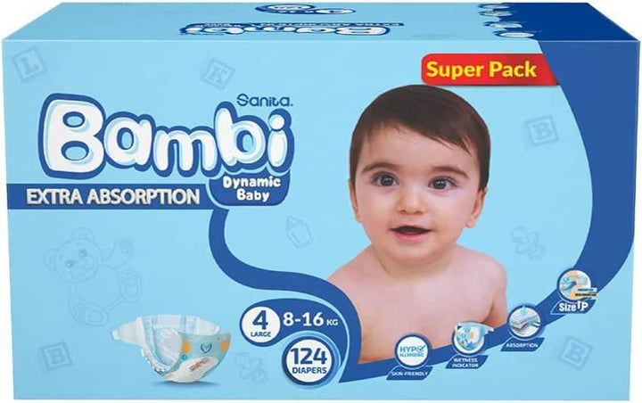 Sanita Bambi Baby Diaper Super Pack #4 Size Large, 8-16 KG, 124 Diapers - ZRAFH