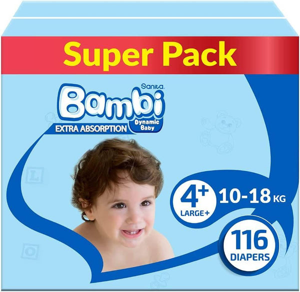 Sanita Bambi Baby Diaper Super Pack #4+ Size Large Plus,10-18 KG,116 Diapers - ZRAFH